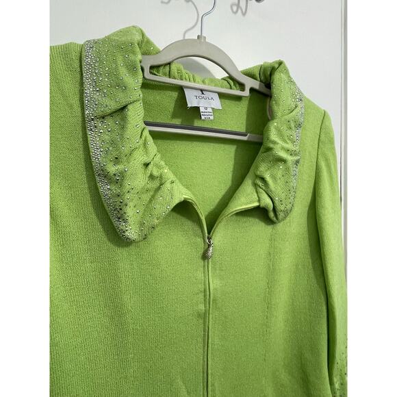 Toula Wool Blend Cardigan Sweater Size 12 Lime Green Rhinestone Ruffled Collar - Picture 2 of 9